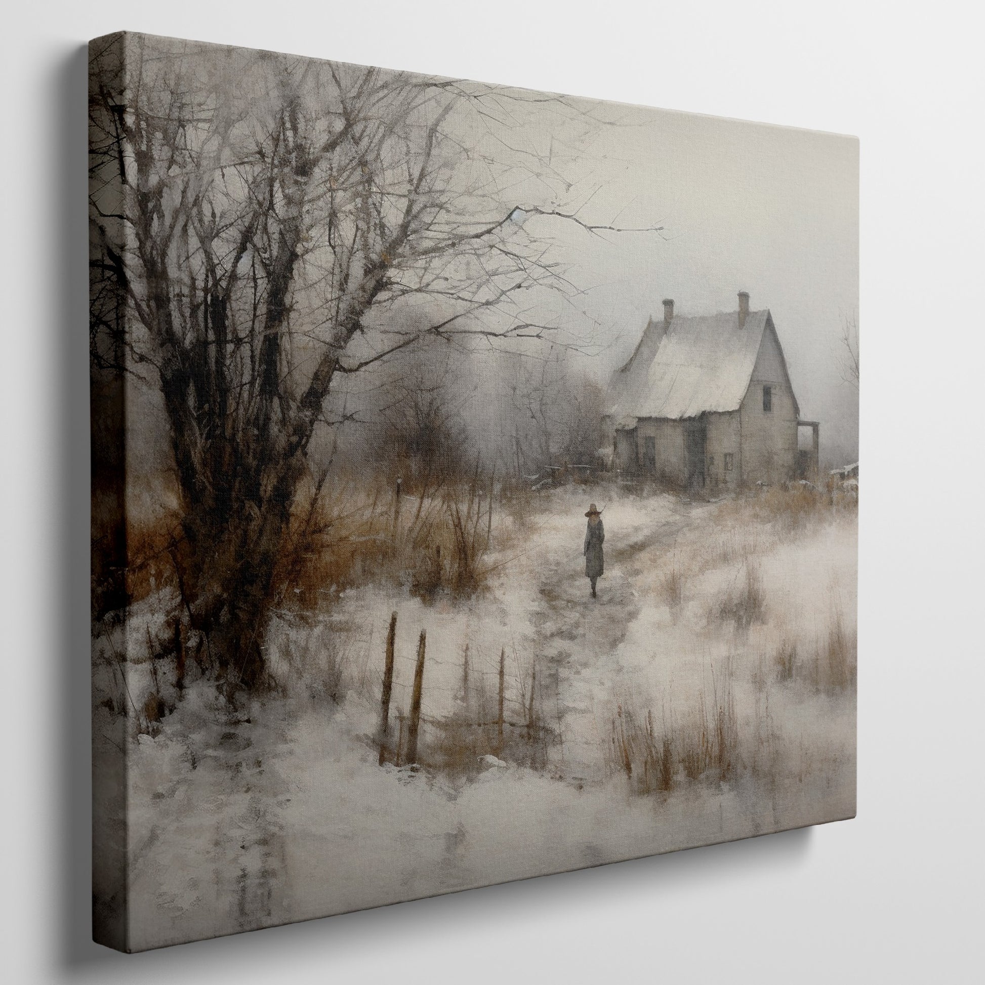 Framed canvas print of a rustic winter scene with a country home and an individual walking by