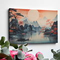 Framed canvas print of an Oriental Sunset with Cherry Blossoms and Mountains