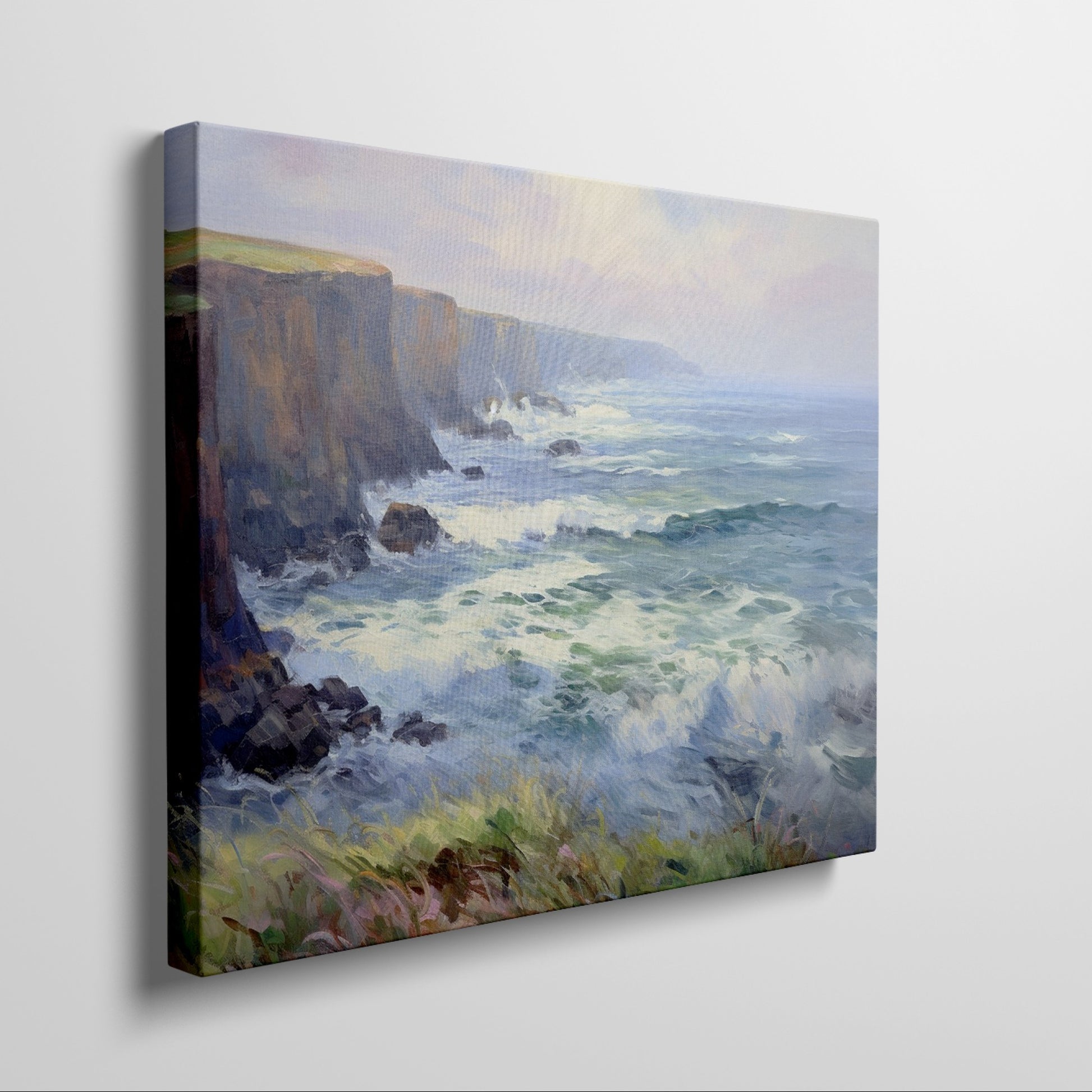 Framed canvas print of a vibrant impressionist seascape with cliffs and ocean waves