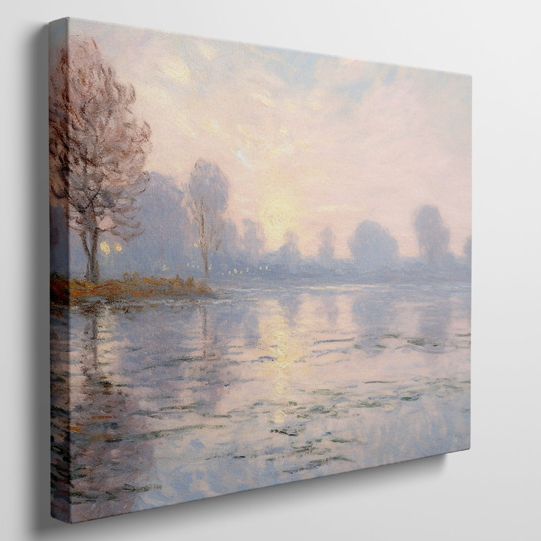 Impressionist painting of a sunset over a river with trees and reflections in pastel colors