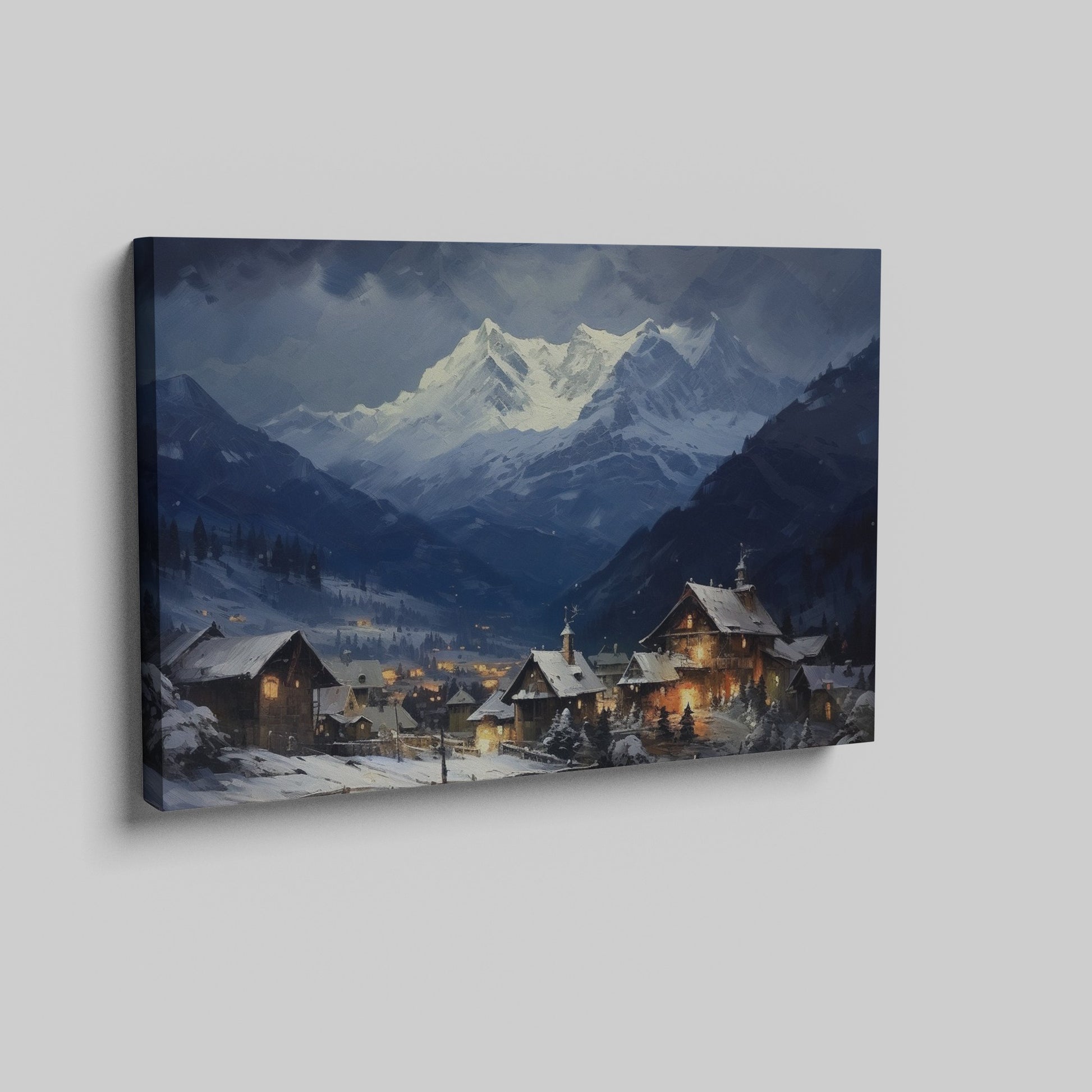 Framed canvas print of a snowy Alpine village with mountain backdrop and evening glow