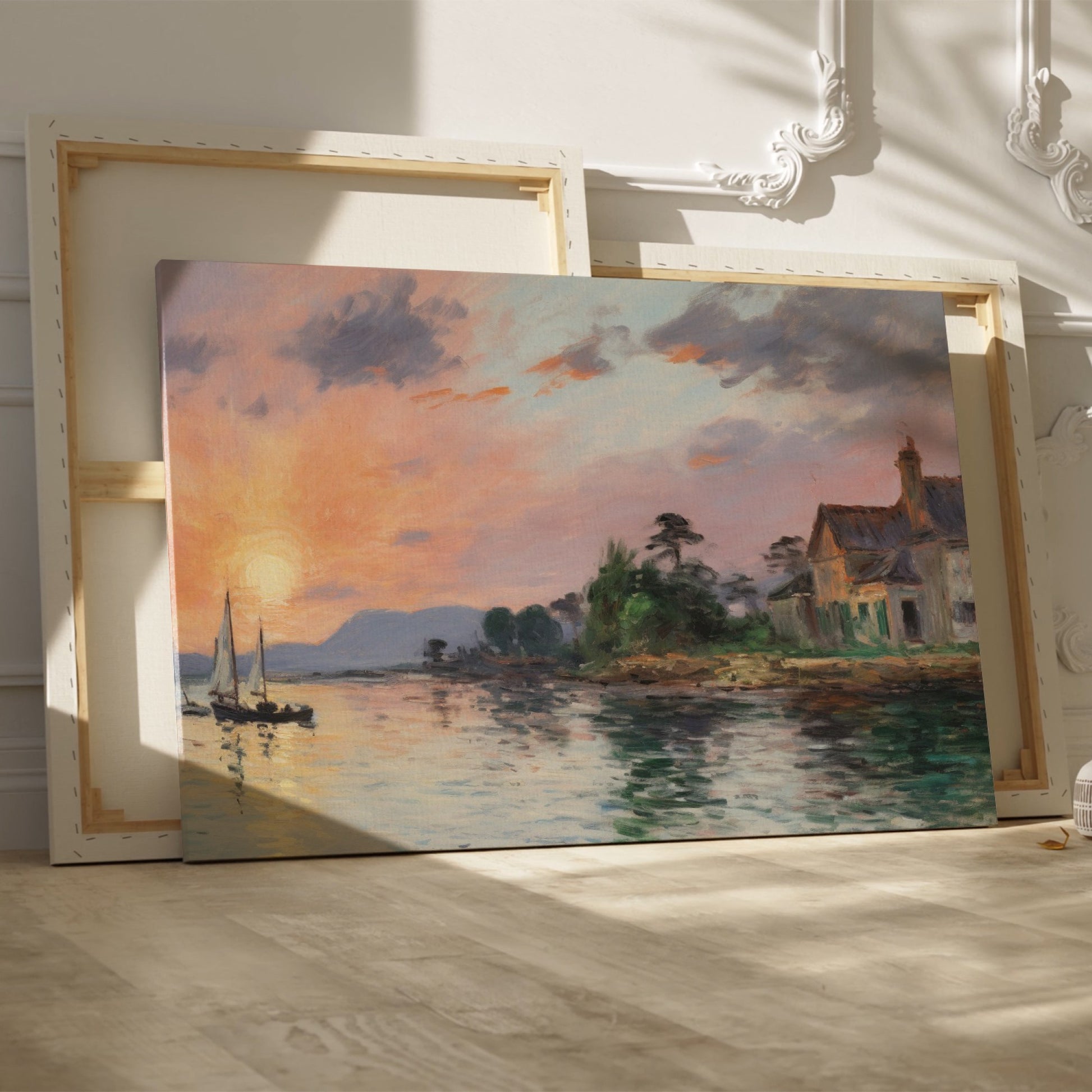 Framed canvas print of an impressionist seascape with sunset and sailing boat