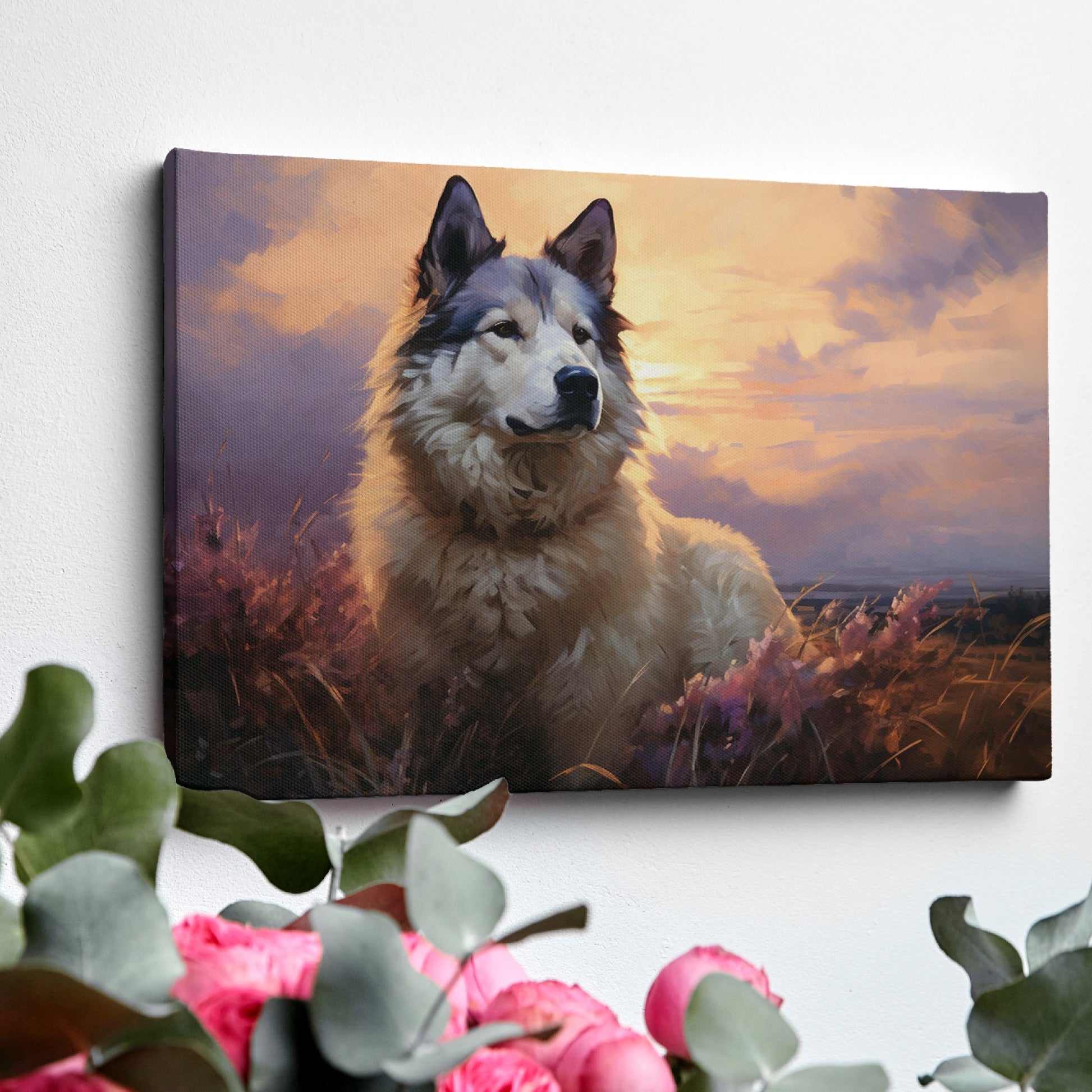 Framed canvas print of a serene dog portrait at sunset with warm amber and lavender tones