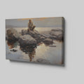 Framed canvas print of serene seascape with man sitting on rocks at sunset