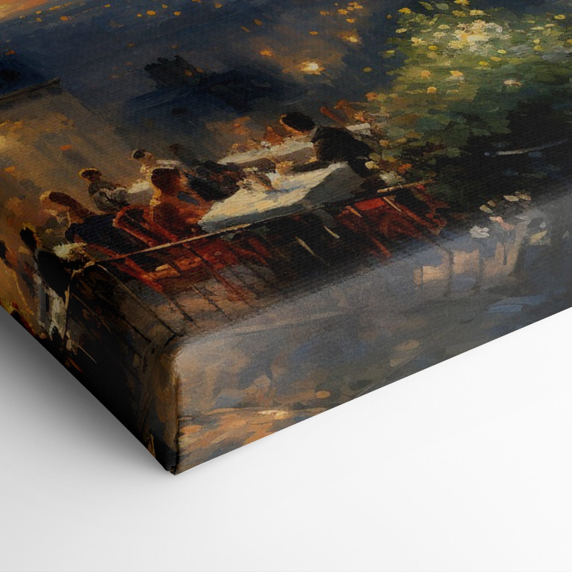 Framed canvas print of a Parisian sunset with diners on a balcony overlooking the Eiffel Tower