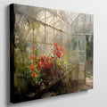 Framed canvas print of a vibrant greenhouse scene with blooming flowers and sunlit warmth