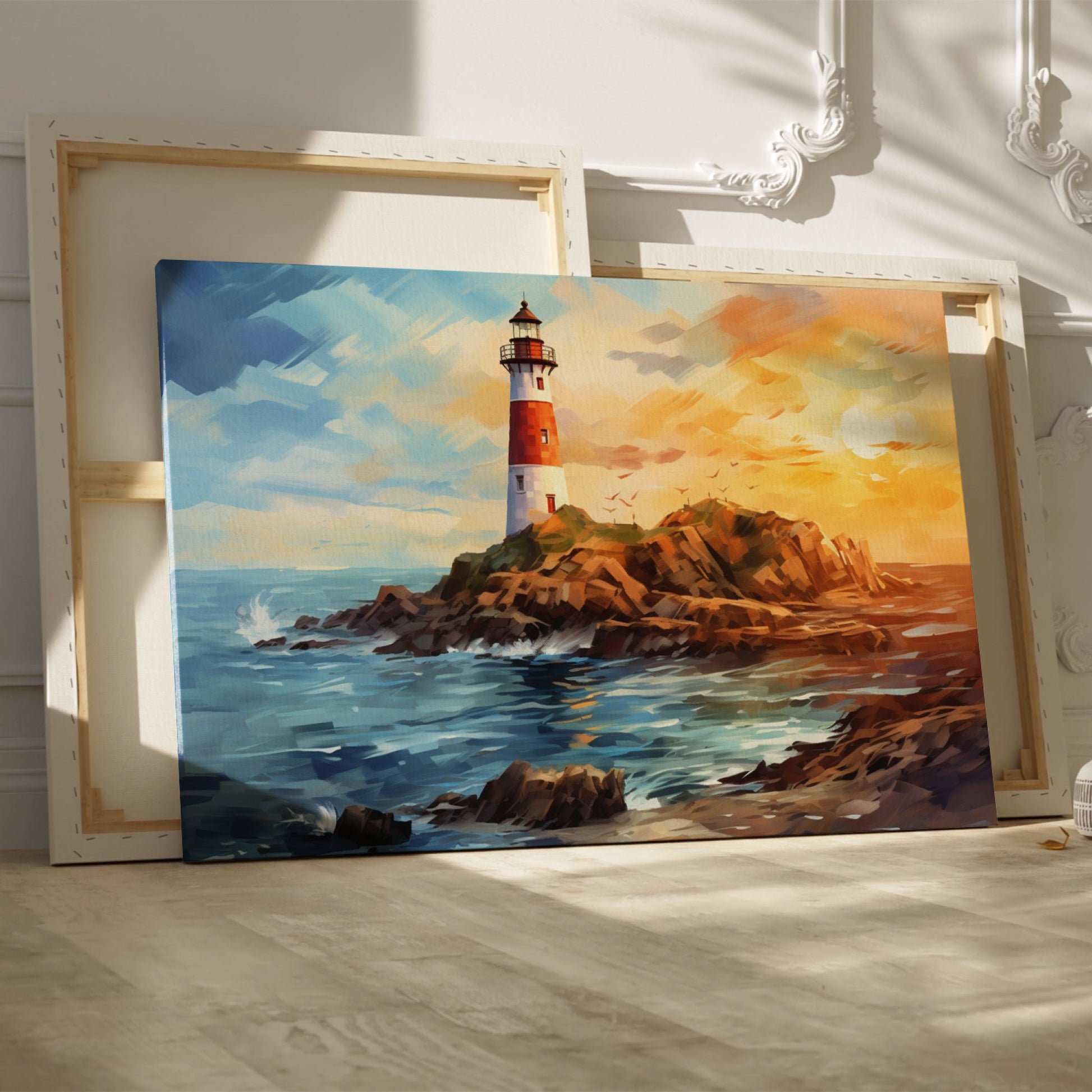 Framed canvas print of a vivid impressionist lighthouse at sunset with dynamic ocean waves