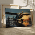 Framed canvas print of vintage warplane at a reflective wet airfield during twilight