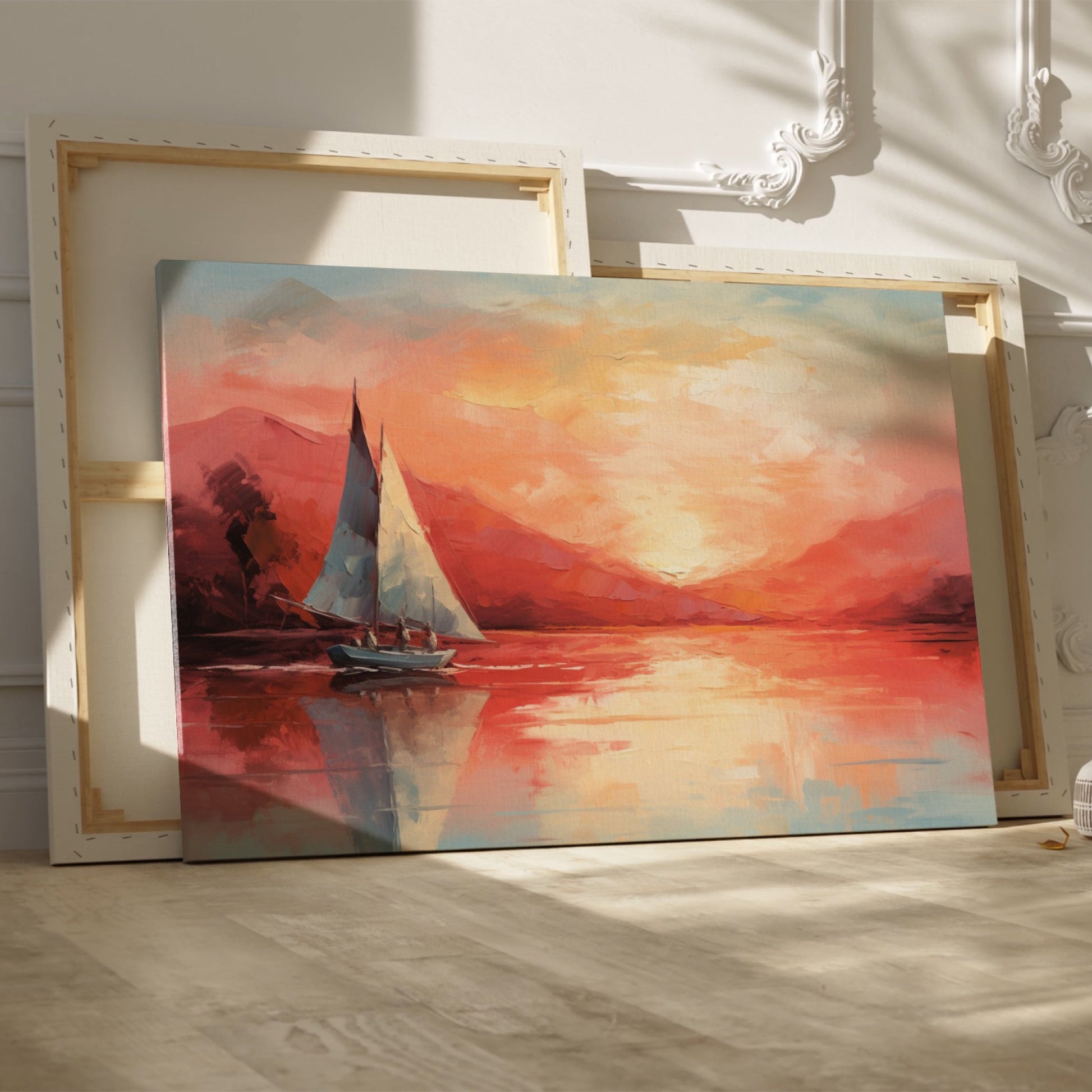 Framed canvas print of sailboats at sunset with orange and blue tones