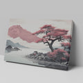 Framed canvas print of a serene mountain landscape with blooming pink sakura trees and tranquil lake