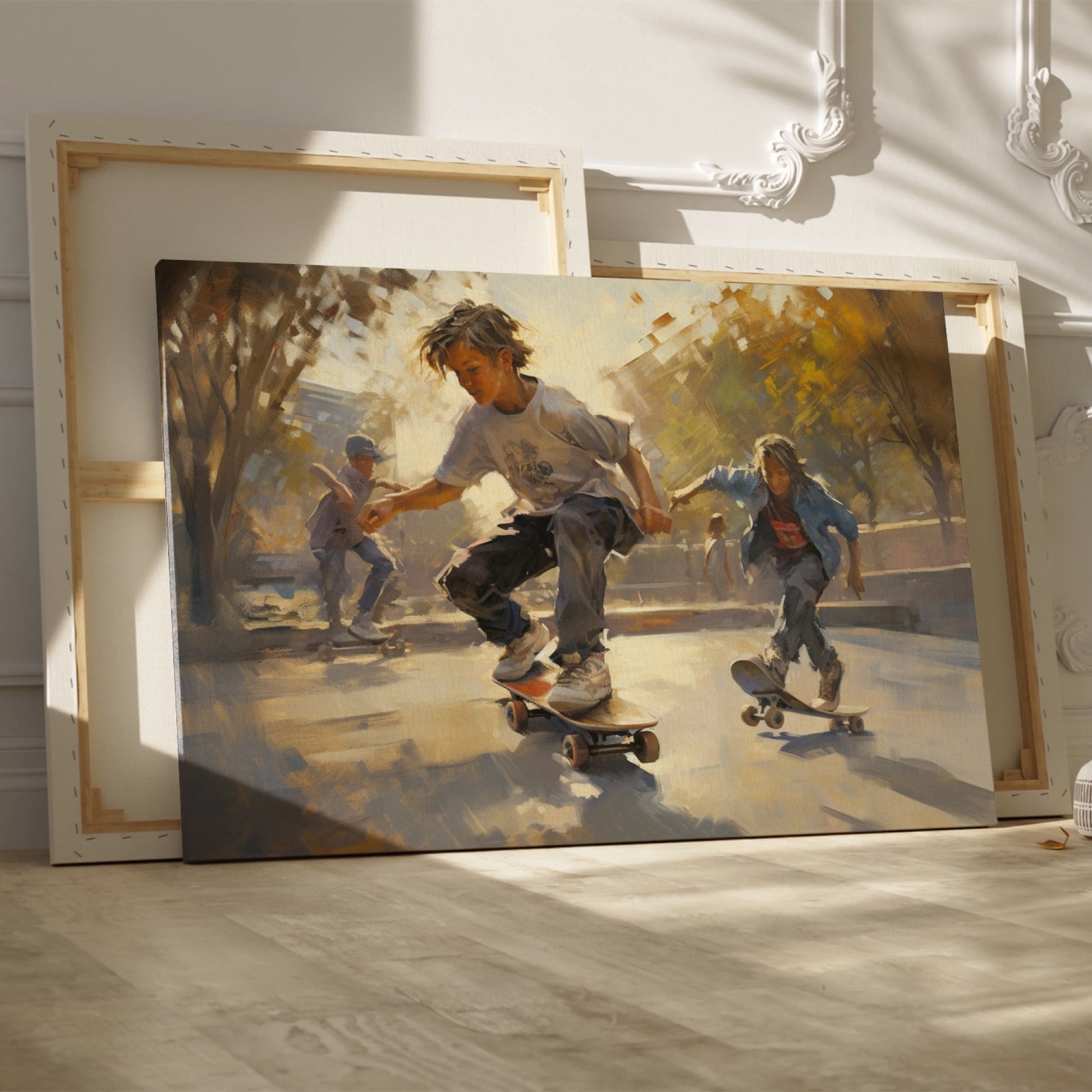 Framed canvas print capturing the movement and energy of young skateboarders at a sunlit urban skatepark