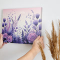 Framed canvas print of stylised floral meadow with pastel purple and pink tones