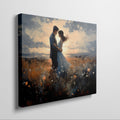 Framed canvas print of a couple embracing in a field at sunset with vibrant colours