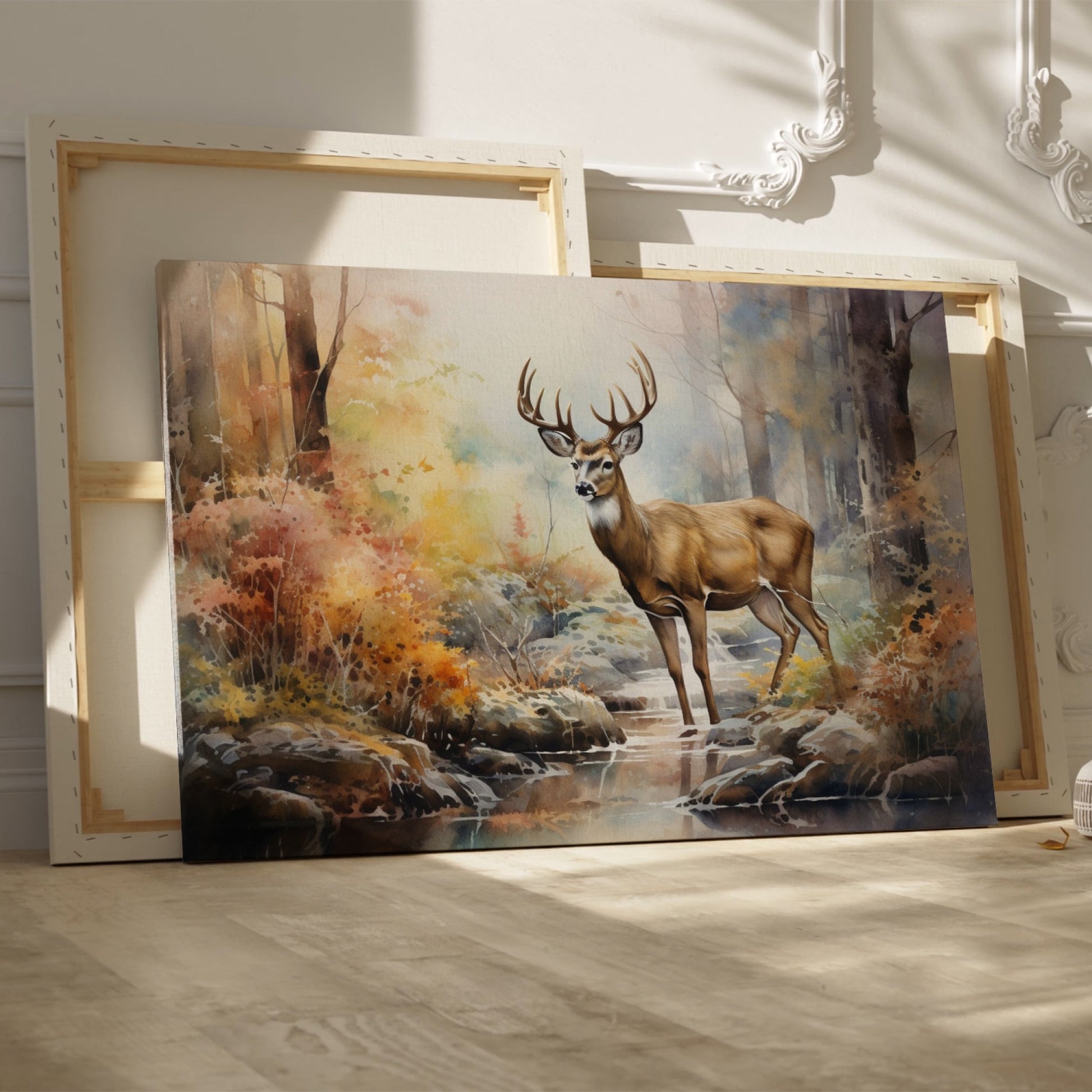 Framed canvas print of a stag in a watercolour autumn forest