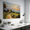 Framed canvas print of a rustic farmhouse and path leading to a sunset over the sea