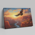 Framed canvas print of a majestic eagle flying over a sunset-lit river canyon