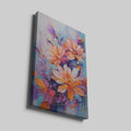 Framed canvas print of vibrant, textured impasto flowers in bright orange, purple, and blue hues