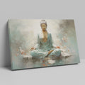 Framed canvas print of a meditative figure in serene surroundings with pastel colours