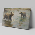 Framed canvas print of grizzly bears wading through water in an impressionist style