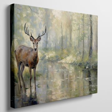 Framed canvas print of a deer standing beside a forest stream in impressionist style