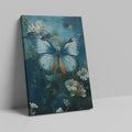 Framed canvas print of a vivid blue butterfly with delicate white flowers on a blue background