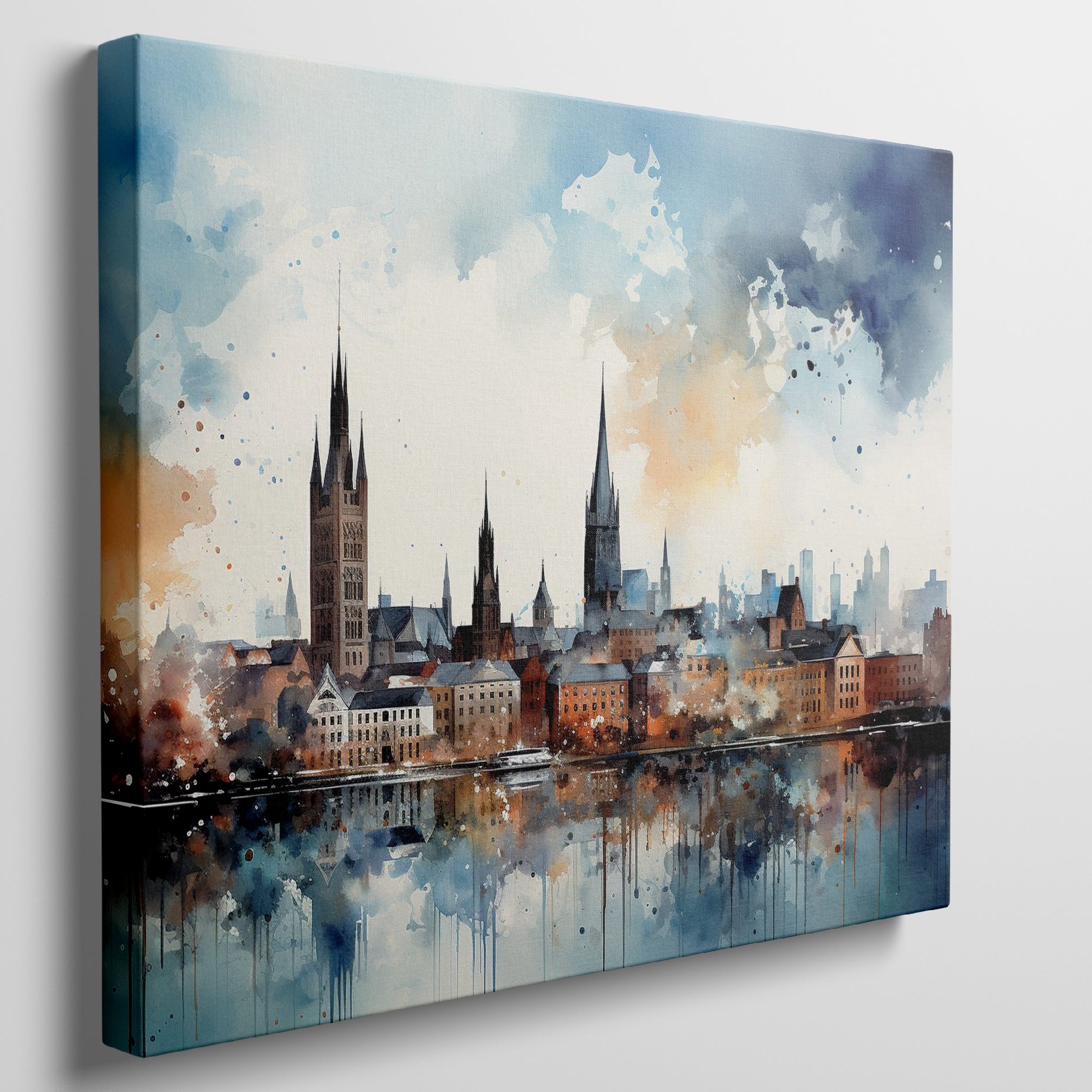 Framed canvas print of abstract watercolour cityscape with vibrant blue, orange and black tones