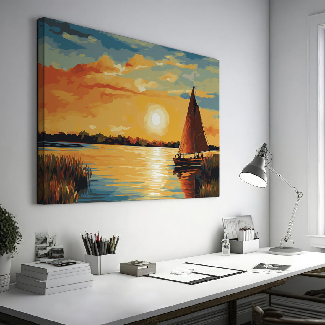 Vibrant sunset over water with a silhouette of a sailboat and reflective sunlight on the ocean