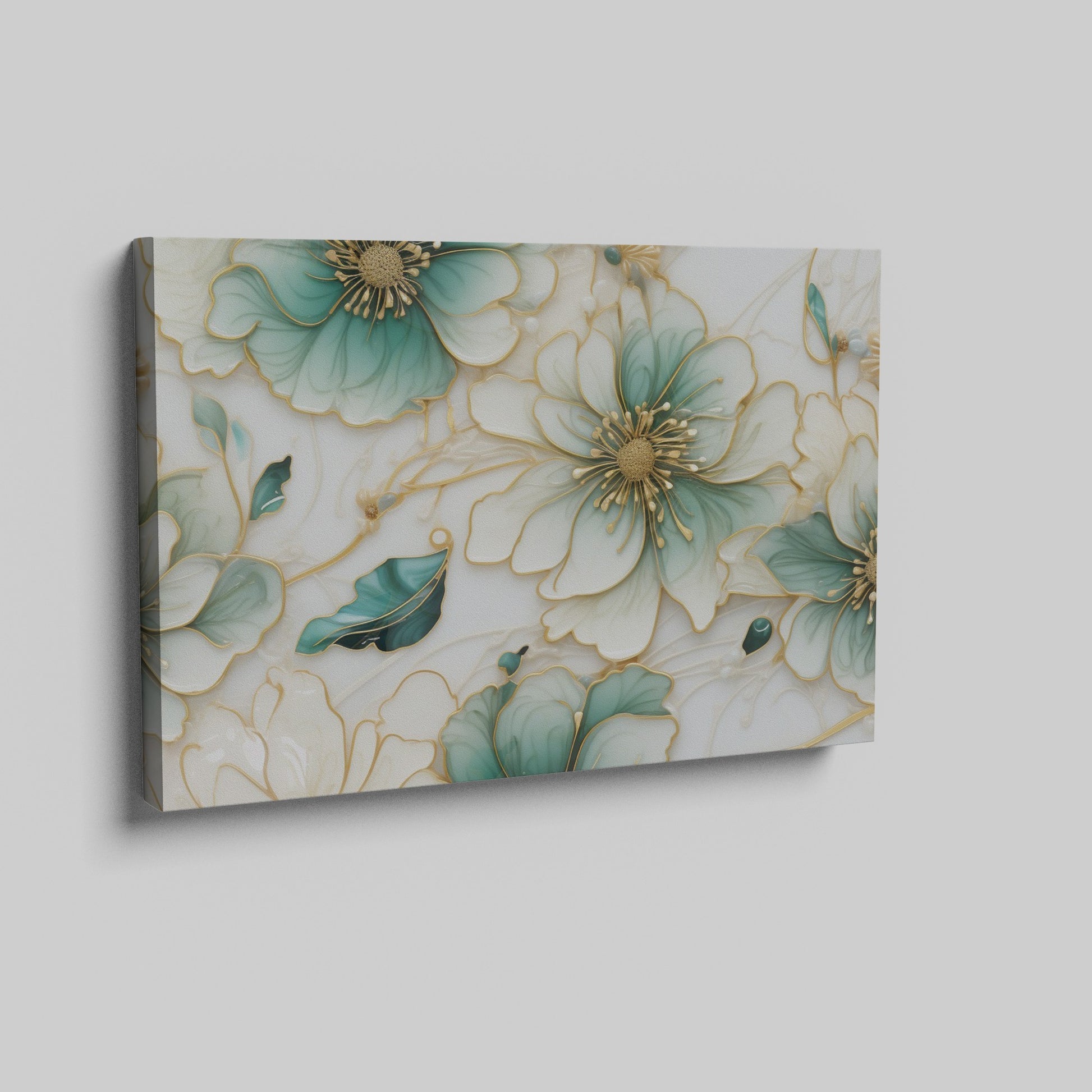 Framed canvas print of abstract turquoise and ivory flowers with gold trim