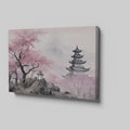 Framed canvas print of Oriental Pagoda in Mist with Cherry Blossoms