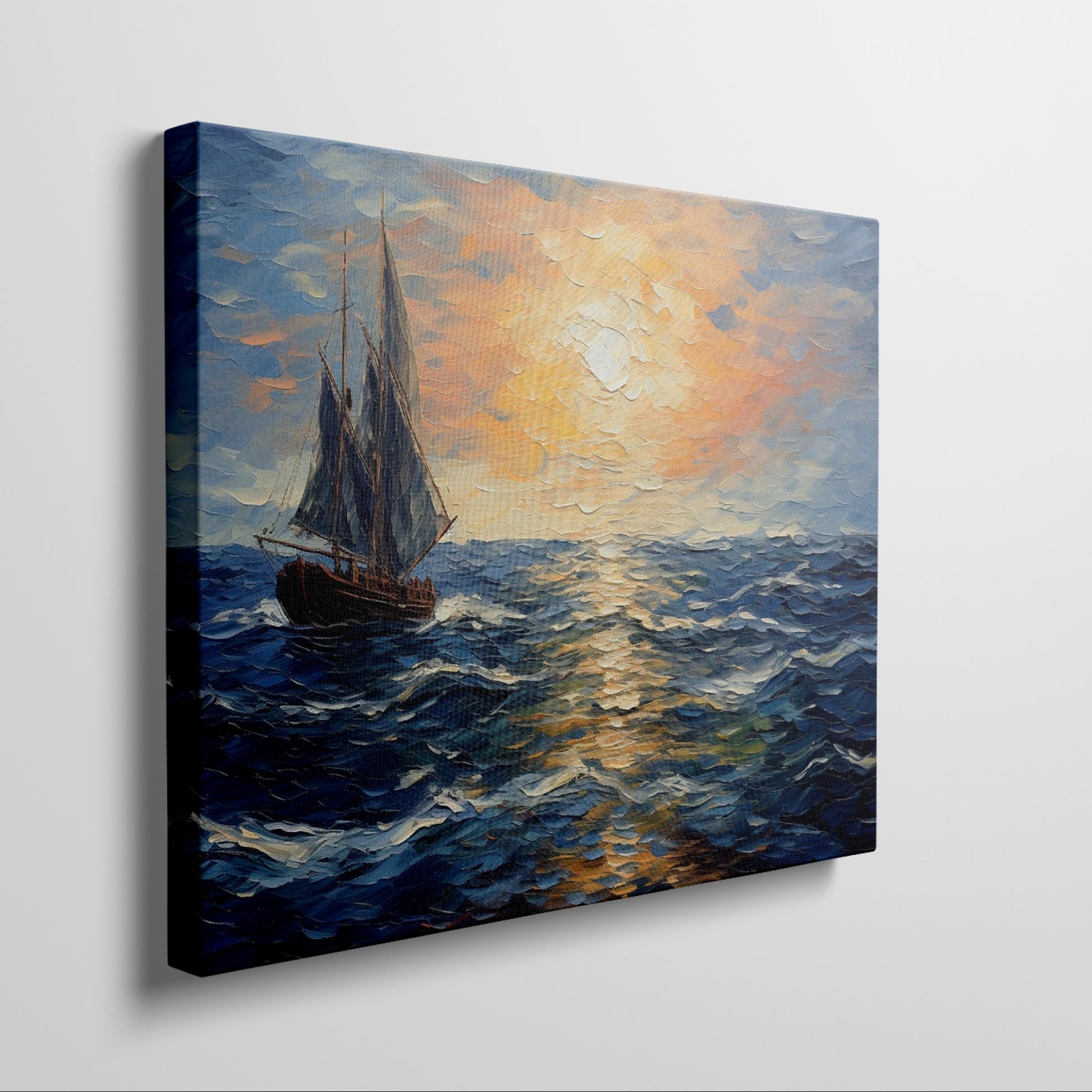 Framed canvas print of an Impressionist painting depicting a sailboat sailing on the ocean at sunset with vivid colours and bold brush strokes