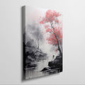 Framed canvas print of an ink wash painting featuring a bold red tree against a tranquil monochrome river landscape