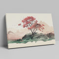 Framed canvas print of a serene cherry blossom tree amidst a minimalist mountain range