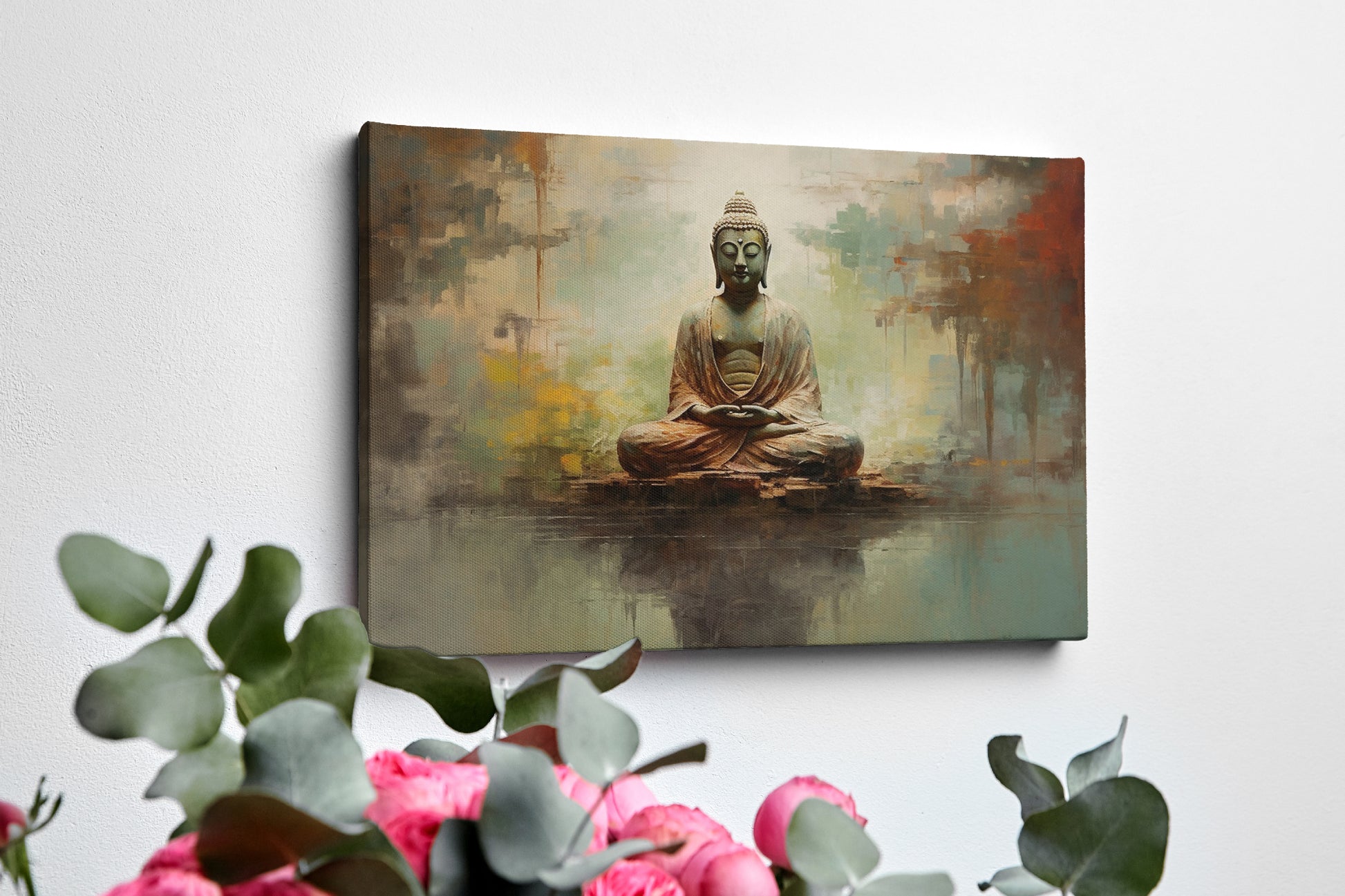 Framed canvas print of a serene Buddha in meditation with an abstract, earth-toned backdrop and reflective water