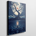 Framed canvas print of a stylised tree with moon and candle in blue shades