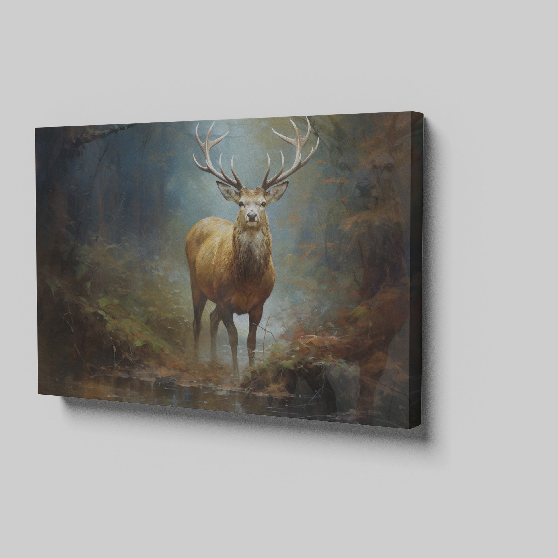 Framed canvas print of a majestic stag in an autumnal forest with rich earthy colours