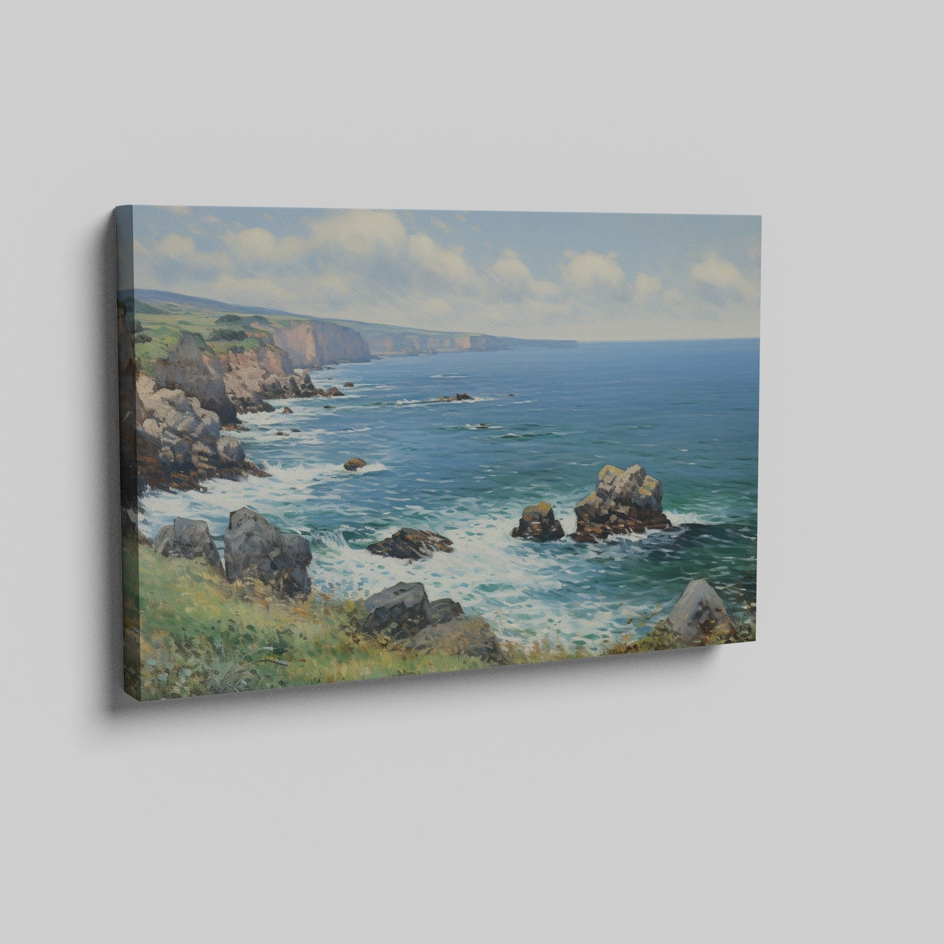 Framed canvas print of a stunning coastal cliff landscape with blue ocean and sunny skies