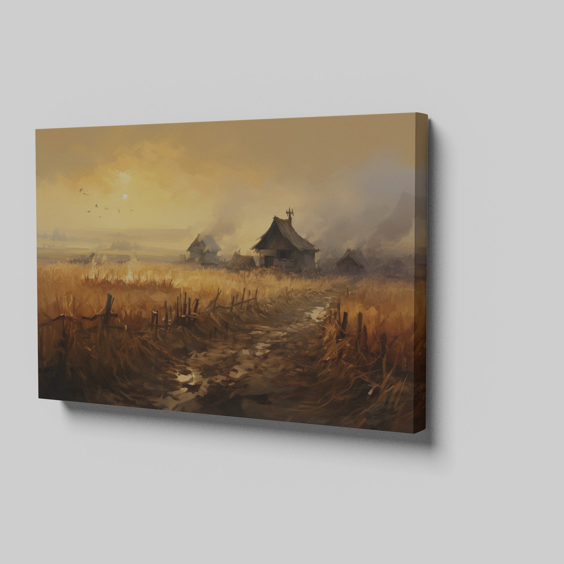 Framed canvas print of a rustic countryside at sunset with golden fields and cottages