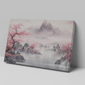 Framed canvas print of a traditional Asian landscape with cherry blossoms and misty mountains