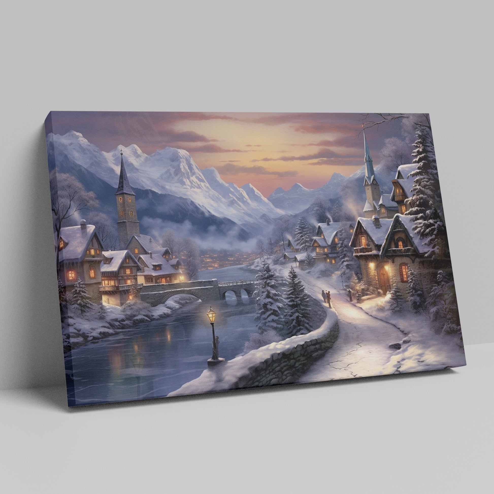 Framed canvas print of a snowy Alpine village at twilight with warm glowing cottages and snow-capped mountains