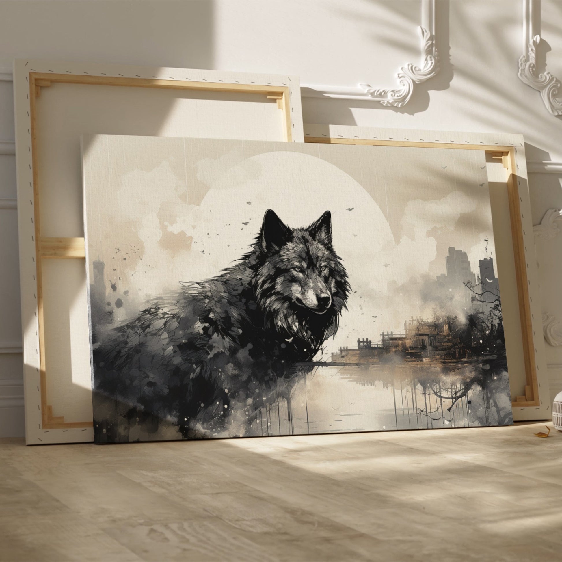 Framed canvas print of a black and white wolf against a monochrome cityscape with a full moon