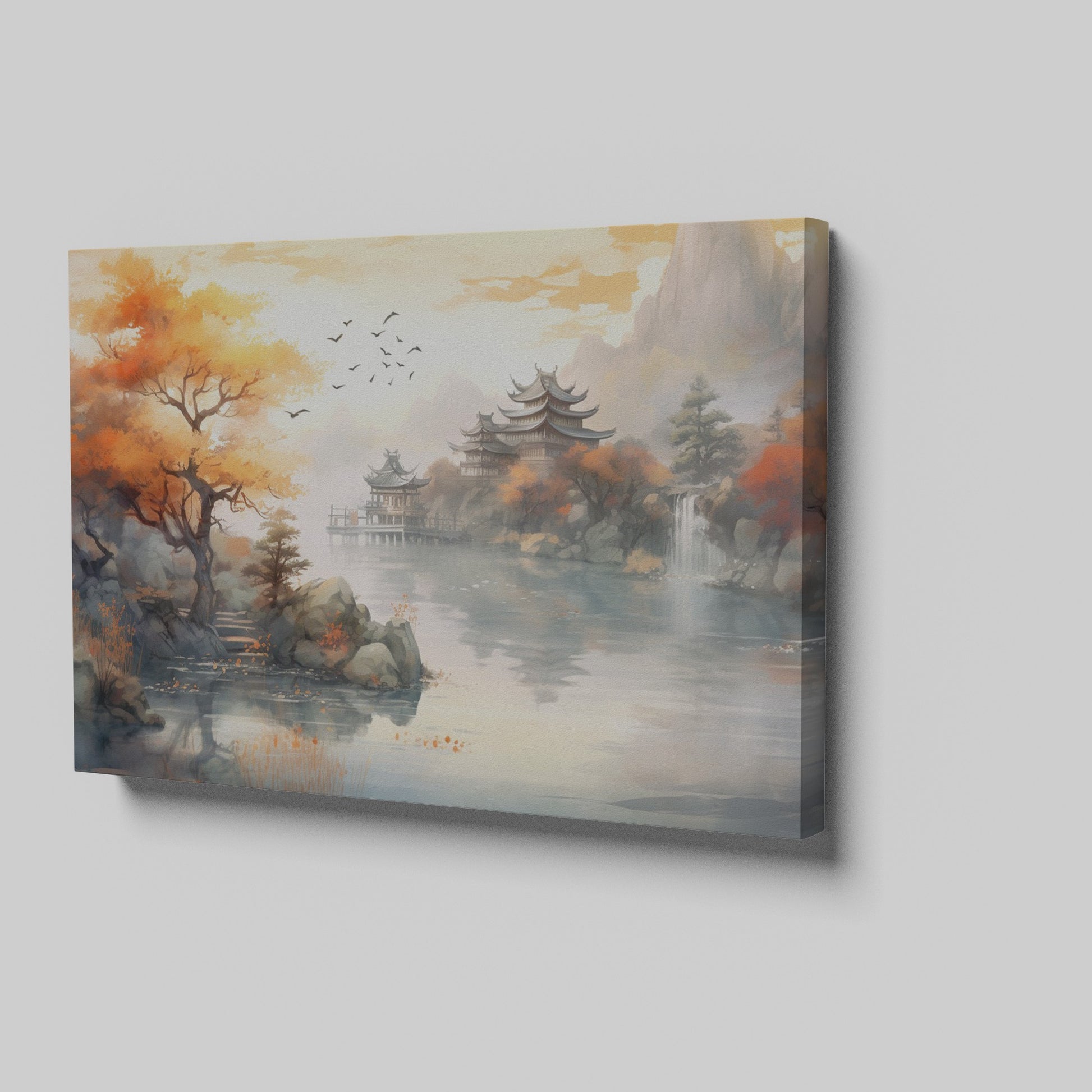 Framed canvas print of an Asian-inspired scene featuring traditional Chinese pagodas amid autumnal trees by a misty lake with a waterfall