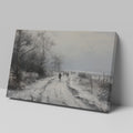 Framed canvas print of a winter landscape with a snowy path and figures walking, in a monochrome colour scheme