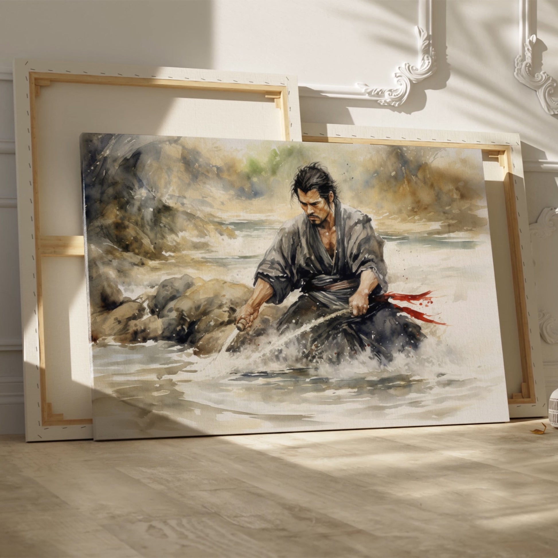 Framed canvas print of a Japanese Samurai warrior in battle stance with a katana sword, depicted in watercolour style