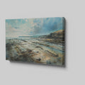 Framed canvas print of a serene watercolour coastal landscape with soft blues and natural earthy tones