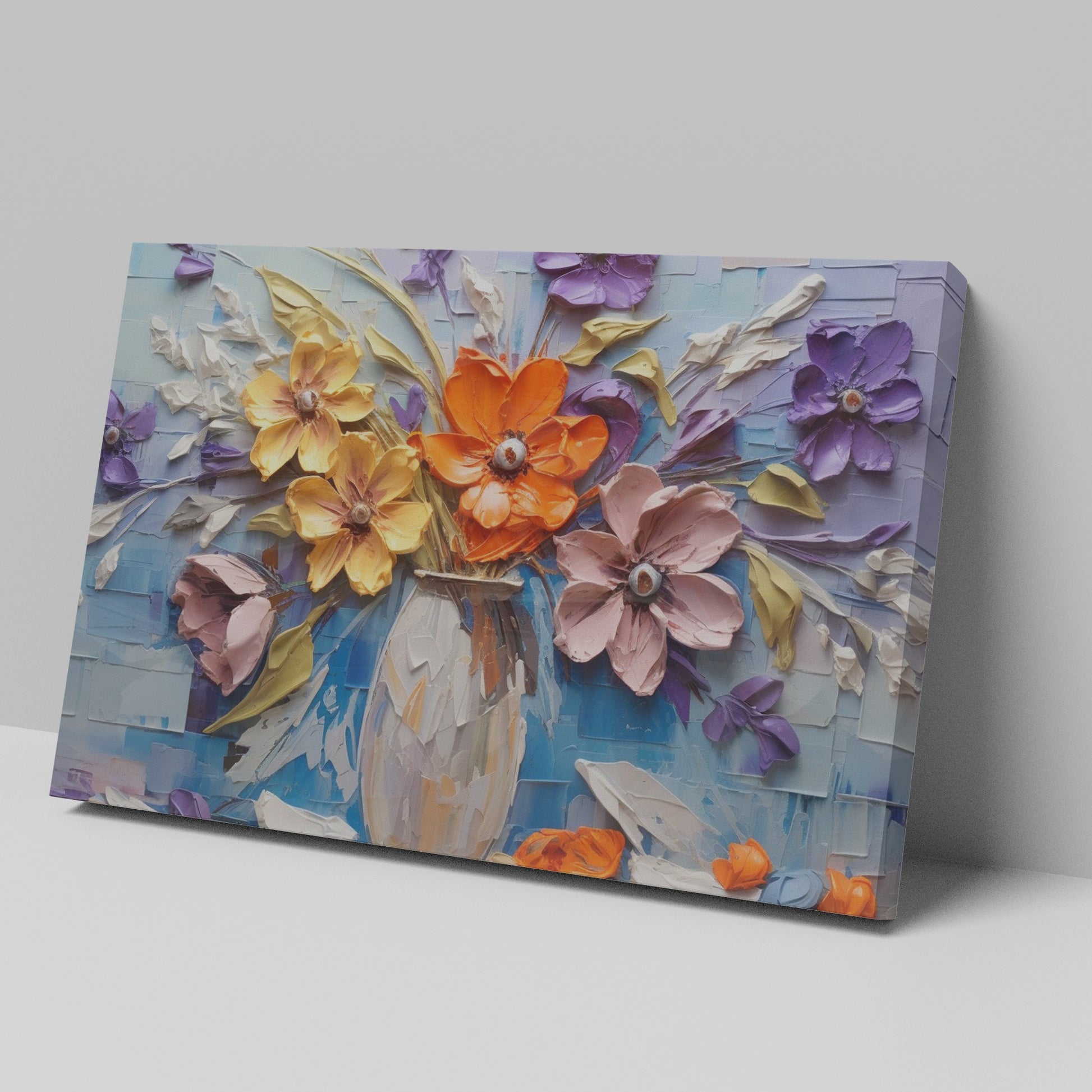 Framed canvas print of embossed and textured colourful flowers in impasto style