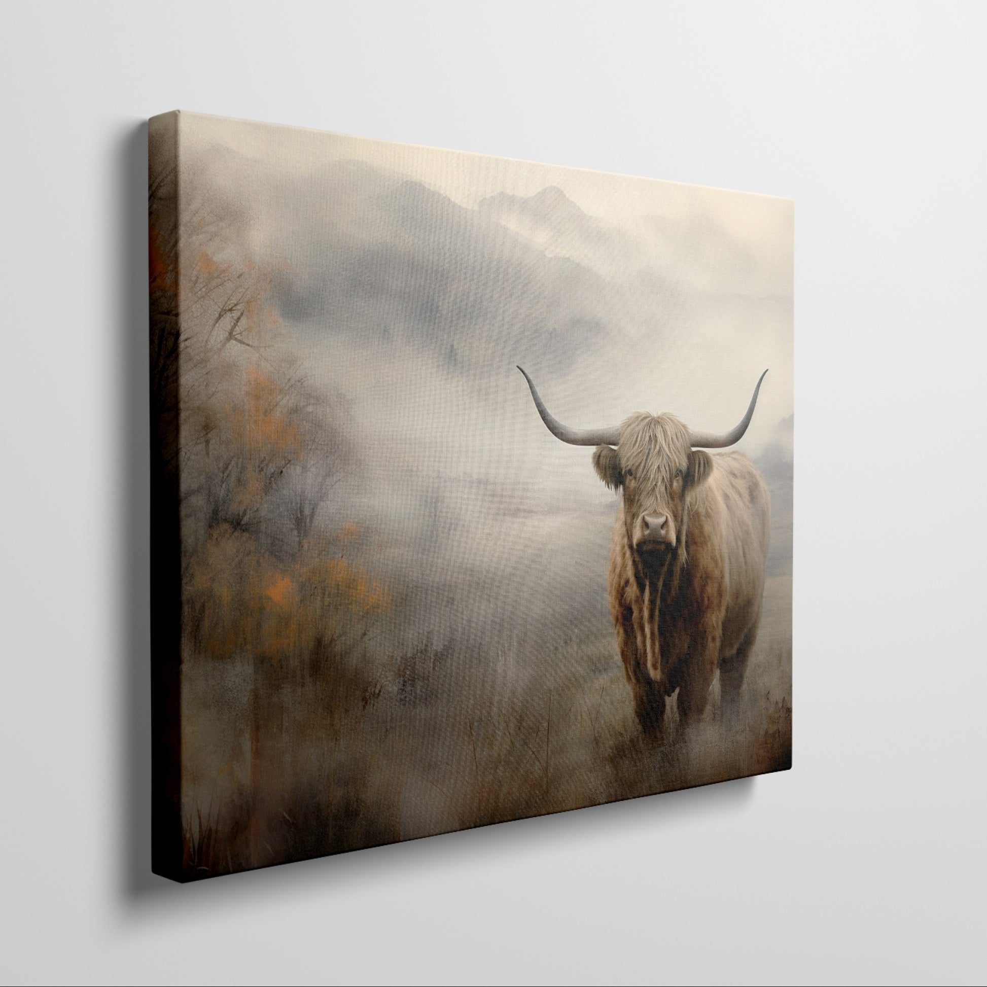 Framed canvas print of a Highland cow in a misty autumnal landscape with warm earthy tones