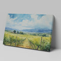 Framed canvas print of a scenic watercolor vineyard landscape with lush greenery and open sky