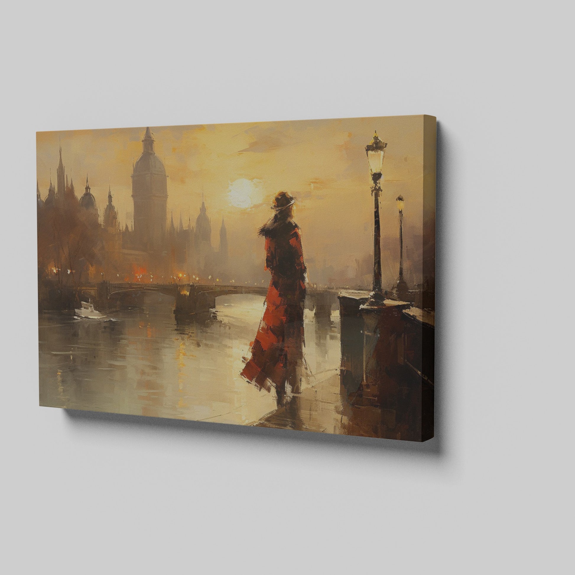 Framed canvas print of a vintage-style sunset over London's Thames, with elegant silhouette and warm colour palette