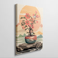 Stylized illustration of an orange bonsai tree in a colorful pot with a sunset and mountains in the background