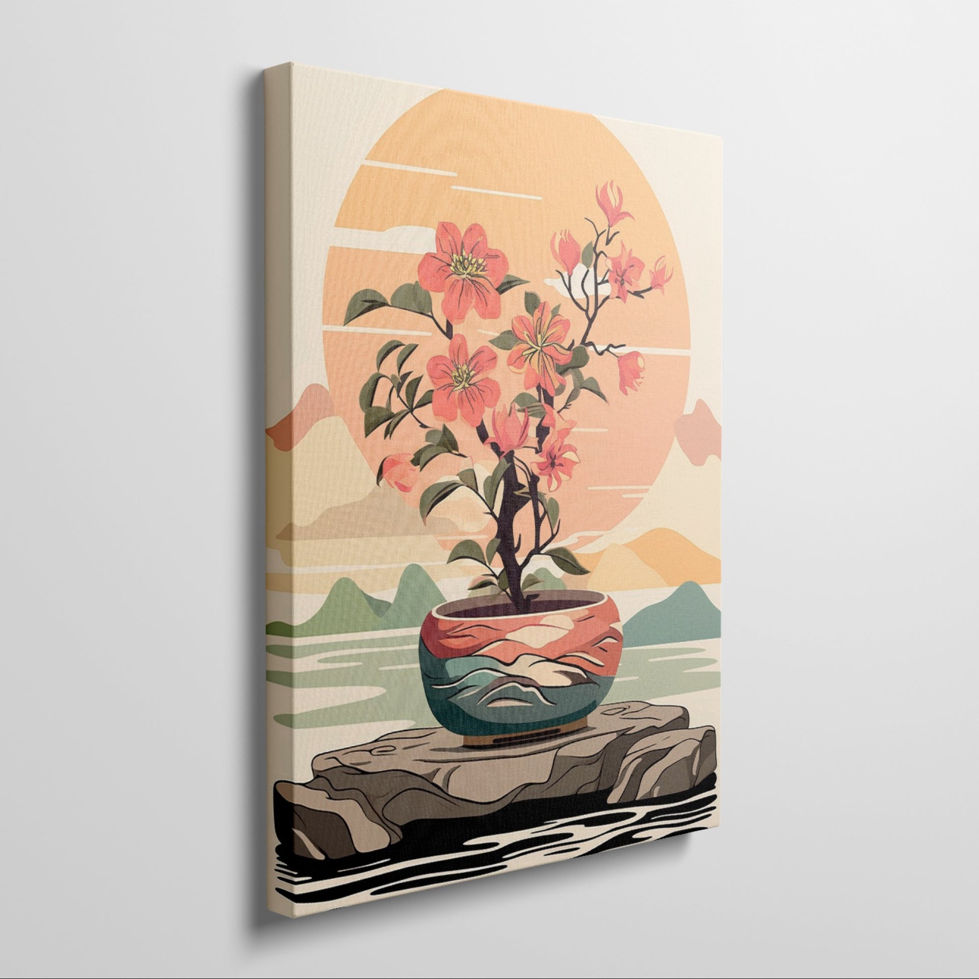 Stylized illustration of an orange bonsai tree in a colorful pot with a sunset and mountains in the background